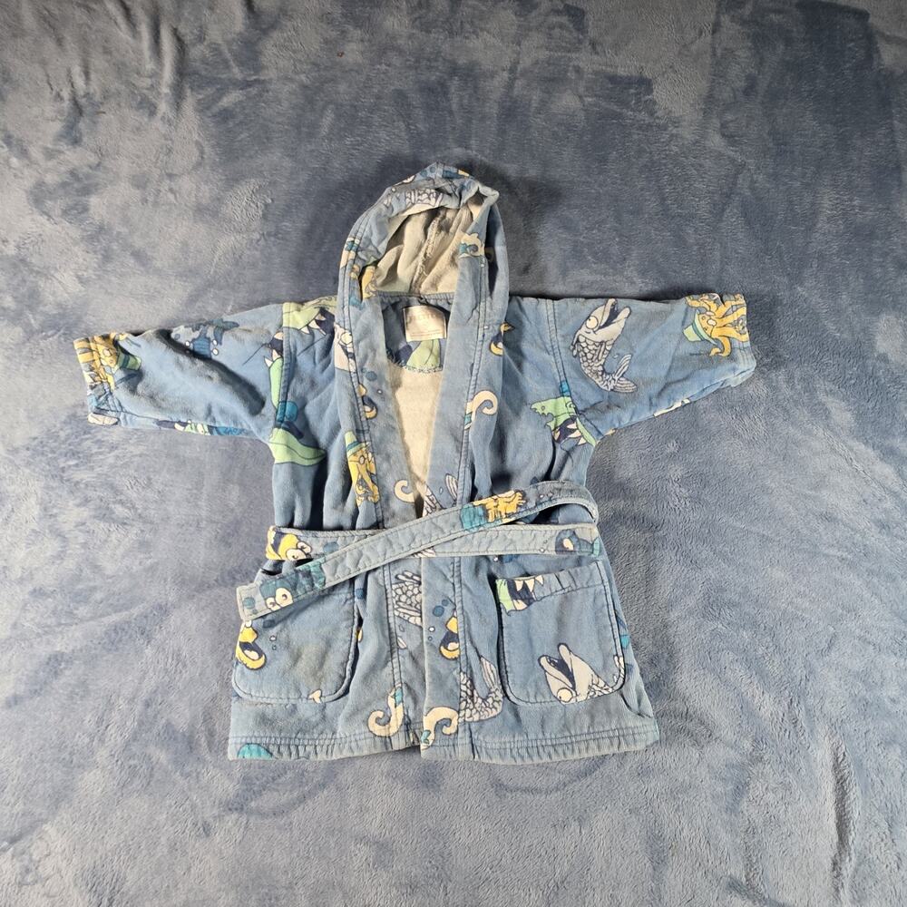 Frette Kids Medium Blue Hooded Terry Bathrobe Sea Animals Cotton Belted